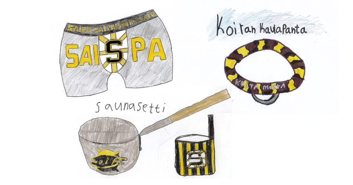 Piirroskuvat SaiPa-aiheisista bokserialushousuista, koiran kaulapannasta sekä löylykauhasta ja saunakiulusta.